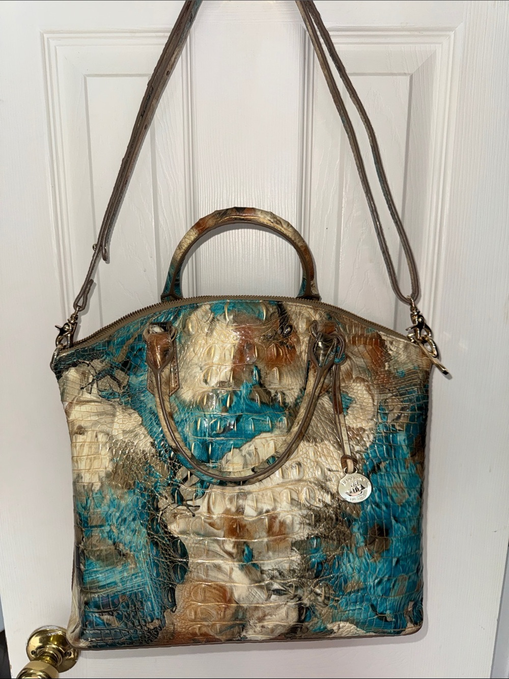 Brahmin Teal, Cream & Brown Embossed Satchel